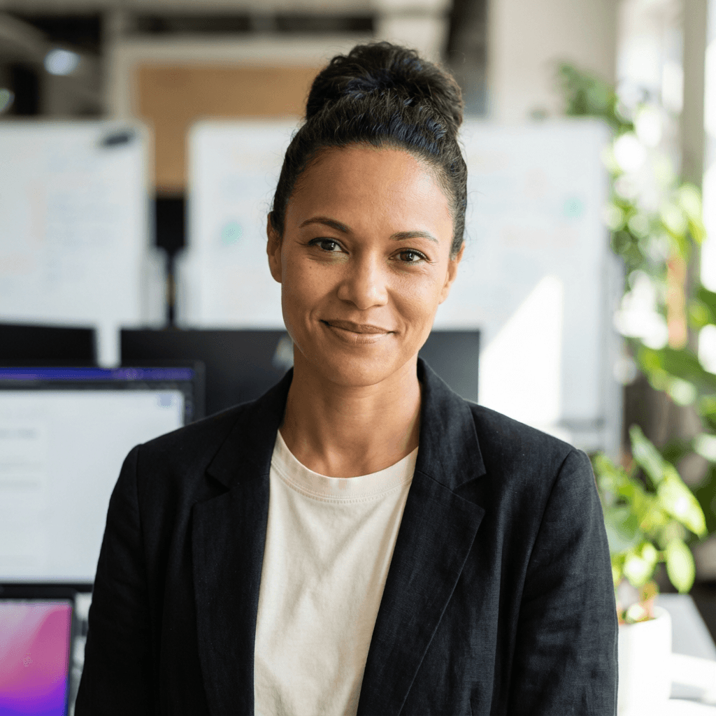 Female project manager in her early 40s, White, professional and capable demeanor appropriate for industrial project management