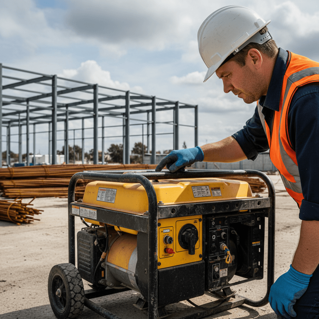 Contractor inspecting the control panel of a portable generator on a construction job site
