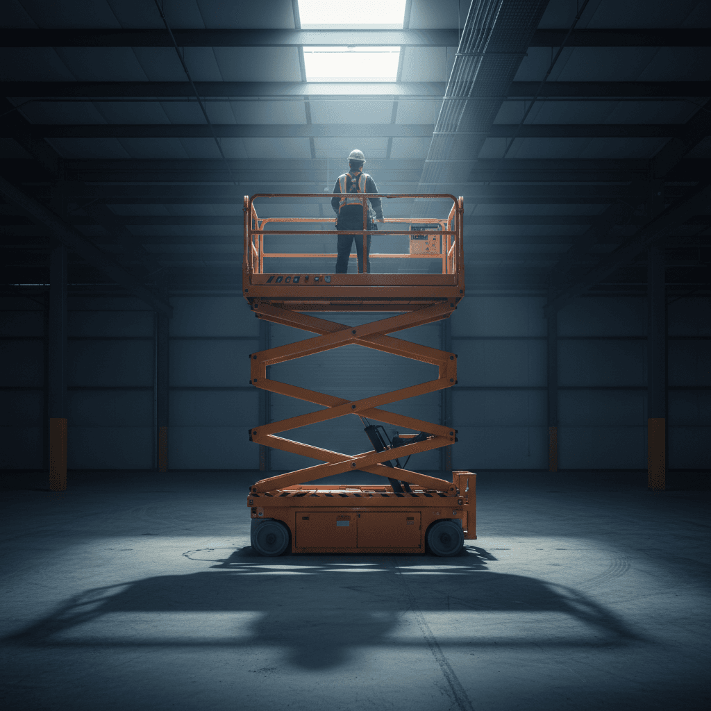Scissor lift raised inside a warehouse with a worker on the platform