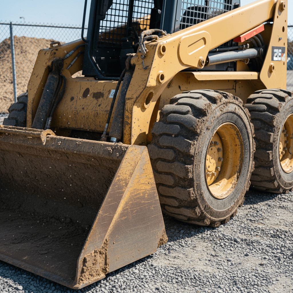 Yellow skid steer loader with mud on its tires parked on a gravel construction site
