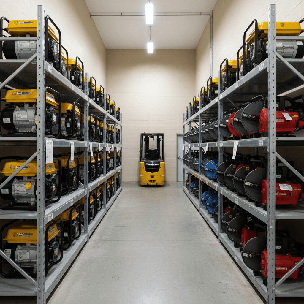 Row of generators, concrete saws, and jackhammers organised on warehouse shelving