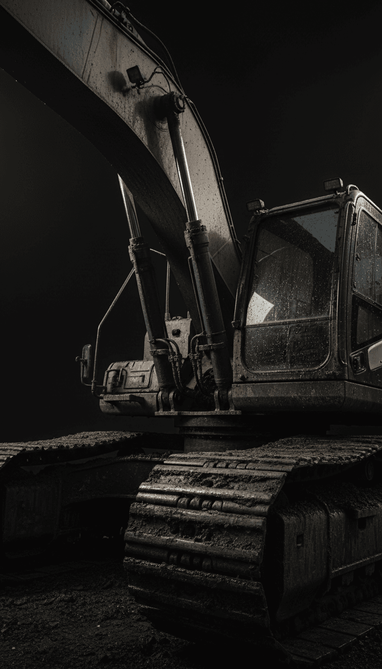 Close-up of a hydraulic excavator arm and steel tracks showing mud and grease