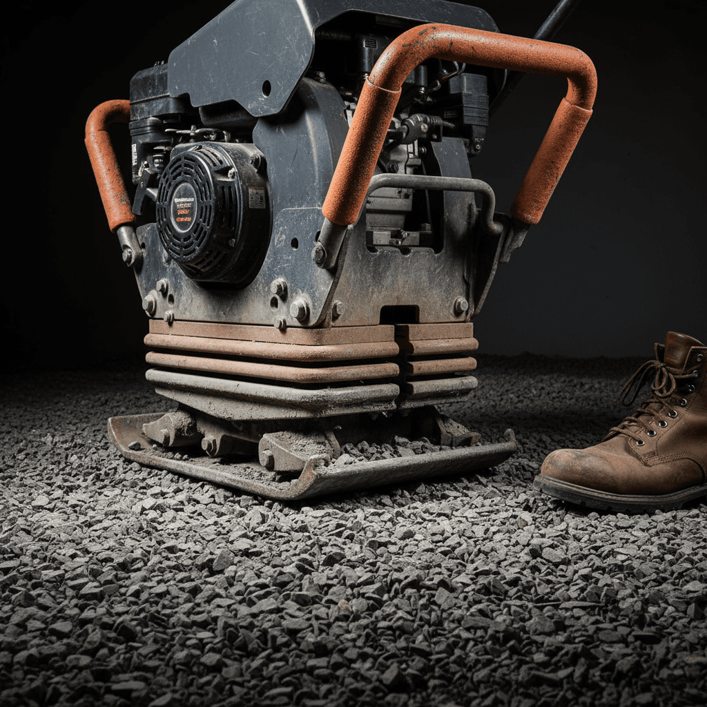 Gas-powered plate compactor resting on crushed gravel with a worker's boot nearby
