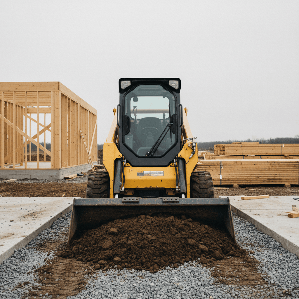 Yellow skid steer loader parked on a construction site with gravel and lumber in the background