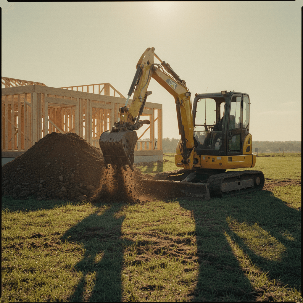 Compact excavator digging a trench on a residential construction lot