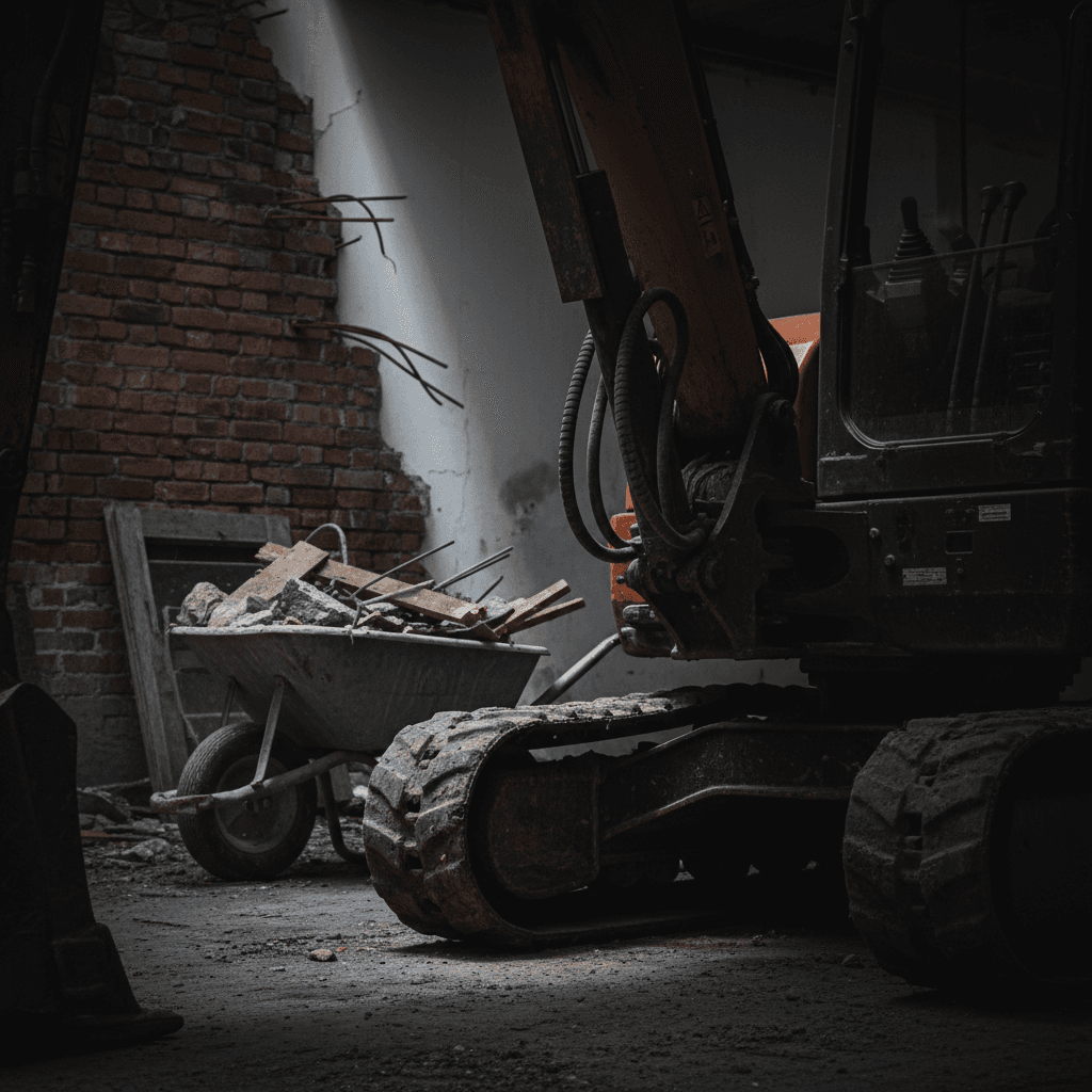 Low-angle shot of a mini excavator tracks and undercarriage on a residential renovation site