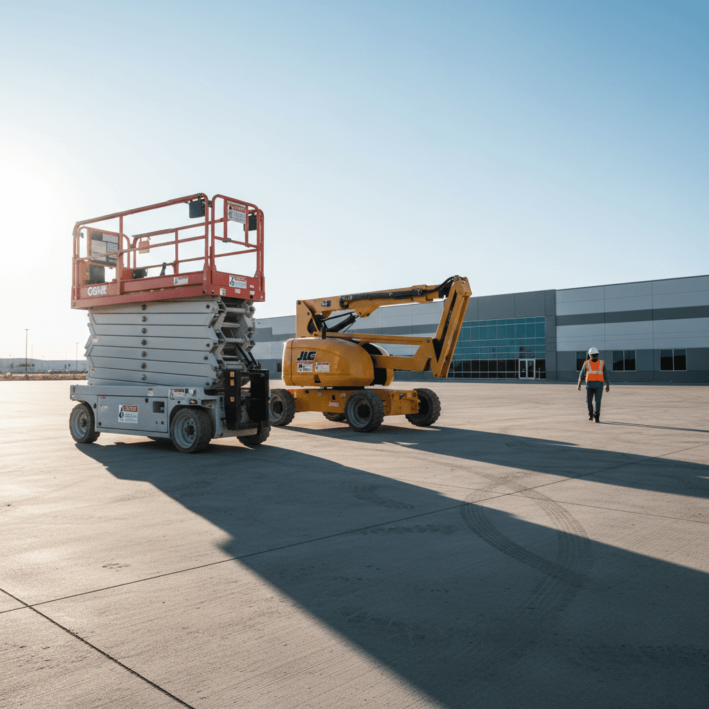 Scissor lift and boom lift parked side-by-side on a concrete slab at a commercial site