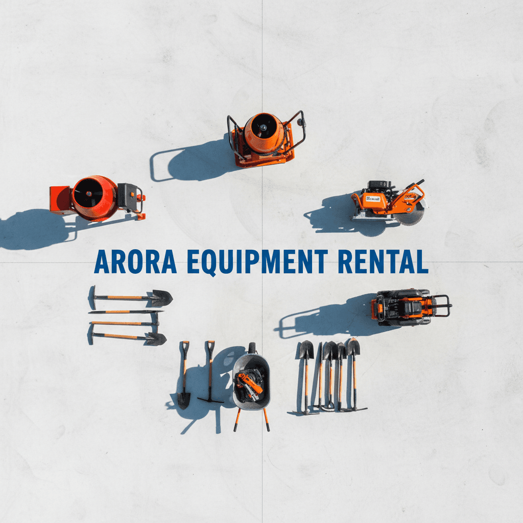 Overhead view of organized small equipment including plate compactor, concrete mixer, and saw in an equipment yard