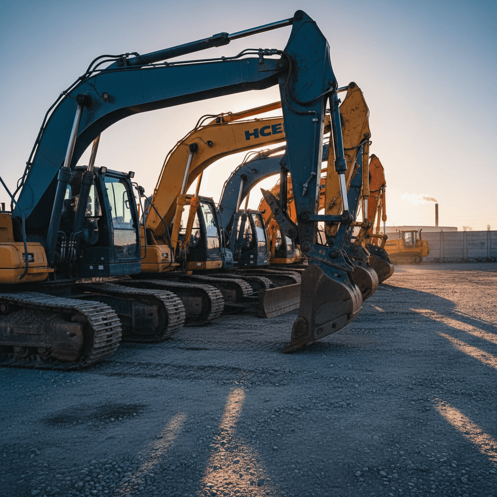 Row of heavy construction equipment parked on a gravel yard at golden hour