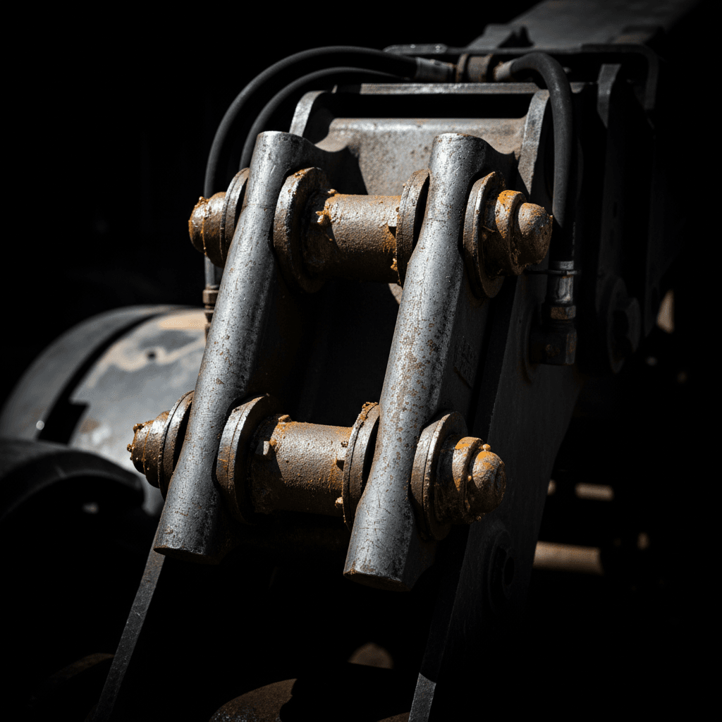 Close-up detail of a telescopic handler arm joint showing heavy-duty pins and grease fittings