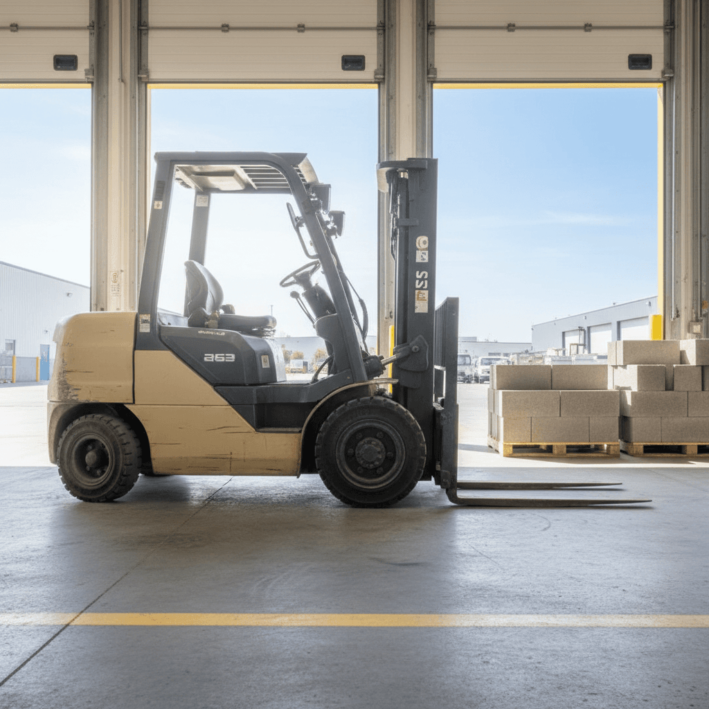 Propane forklift on a loading dock with palletised blocks beside it