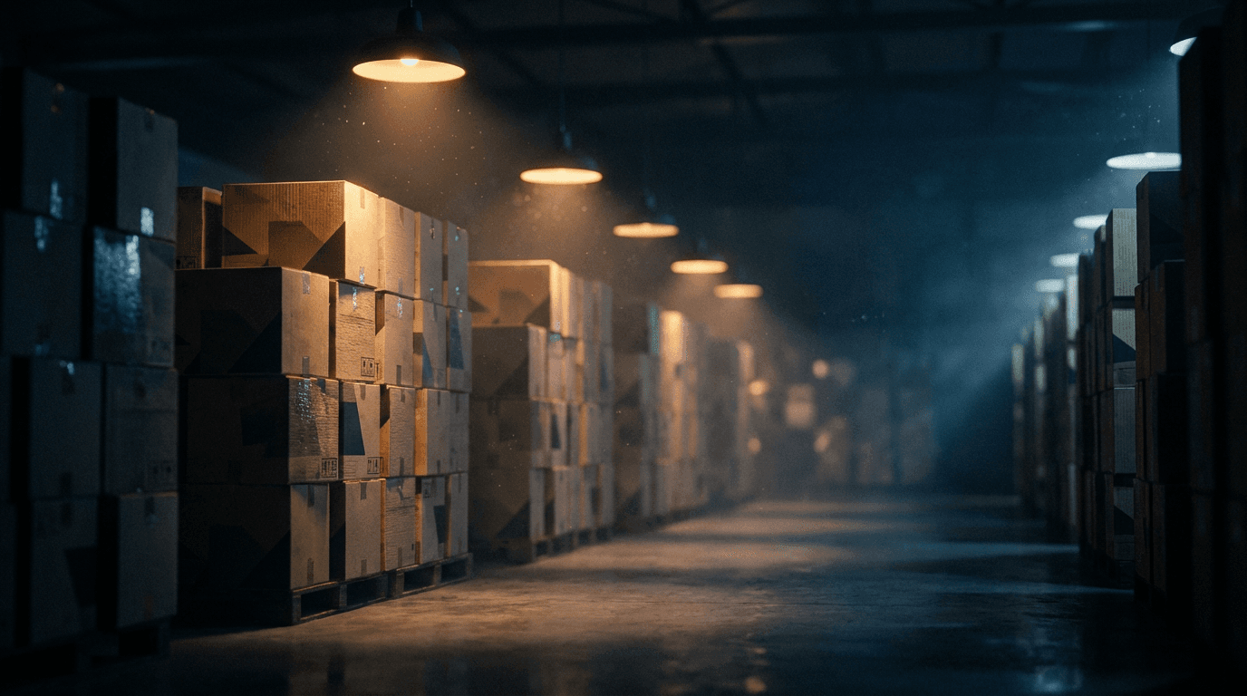 Line of yellow construction equipment parked in a warehouse bay