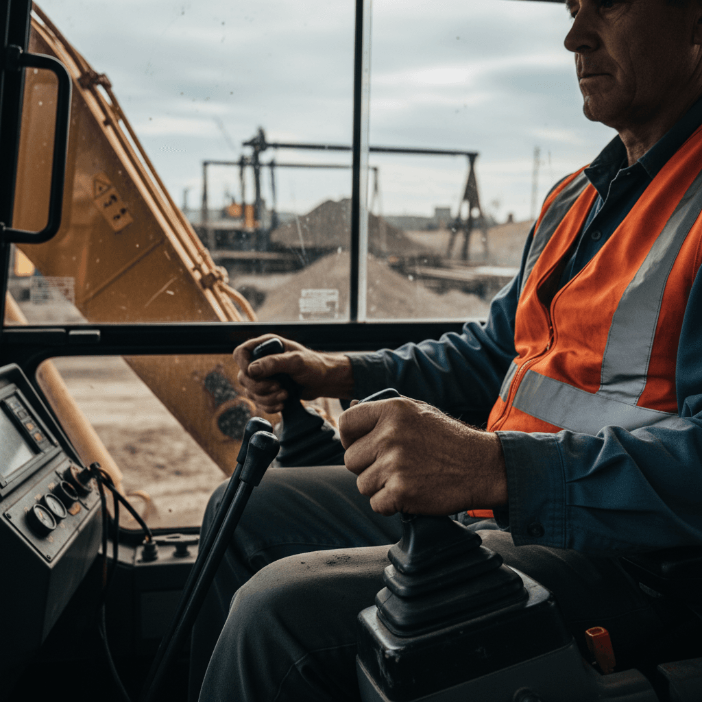 Male equipment operator in safety vest sitting in excavator cab