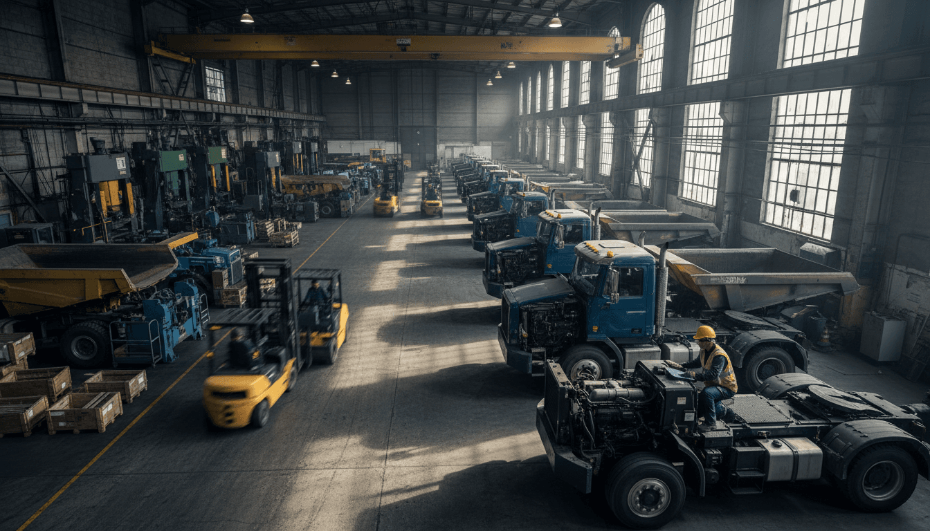 Row of heavy equipment like skid steers and lifts parked on a gravel lot at the rental yard
