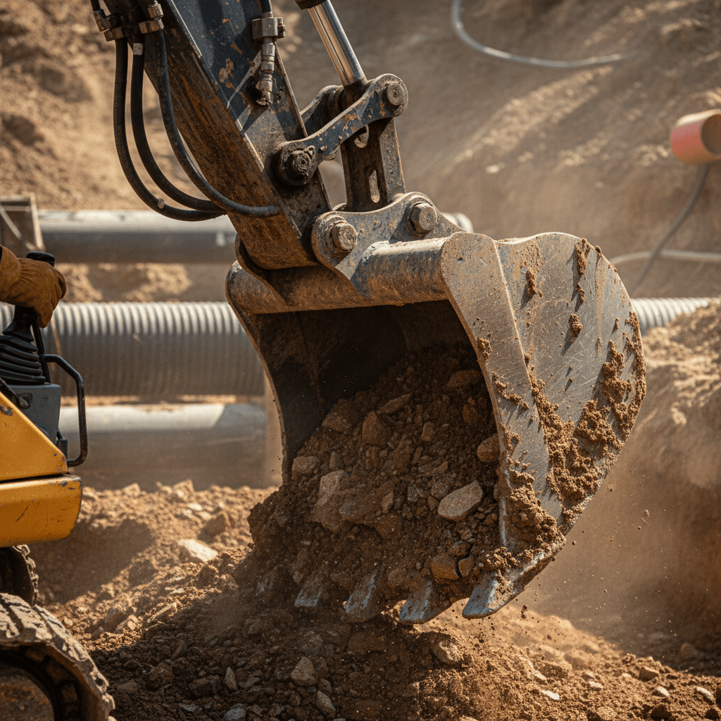 Excavator bucket teeth close-up