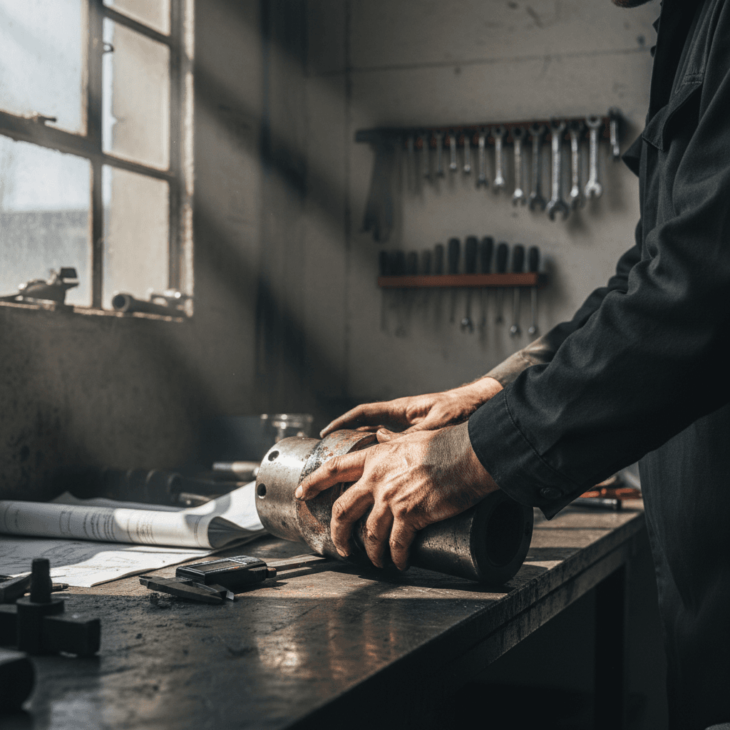 Gloved hand inspecting a greasy hydraulic lever on yellow heavy equipment