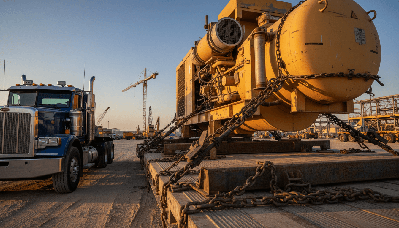 Equipment strapped on delivery trailer